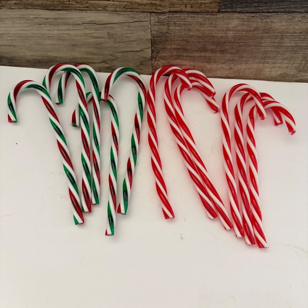 Vintage  Plastic Candy Cane Christmas Ornaments Red Green White Set of 11